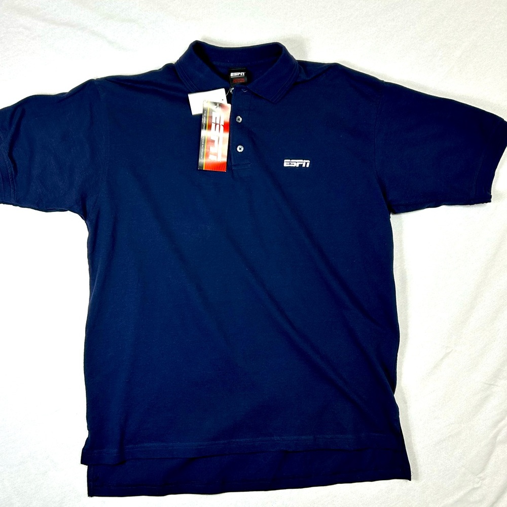 VINTAGE ESPN POLO SHIRT MEN'S LARGE NAVY SHORT SLEEVE Original Tags